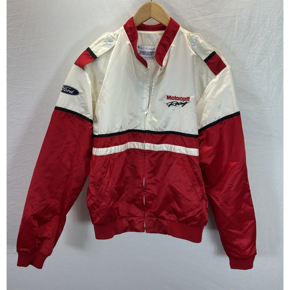 Vtg Team Ford Motorcraft Racing Nylon Jacket Black/ White/Red Size L Retro Zip